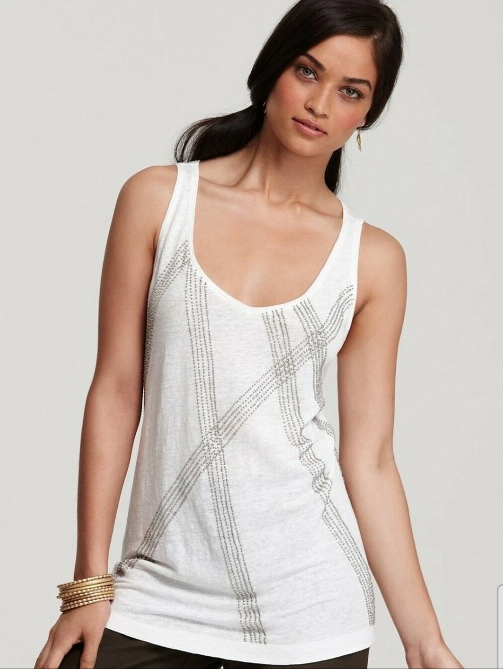 Eileen Fisher Soft V neck White Linen Tank Top Small NWT Studded Embellished